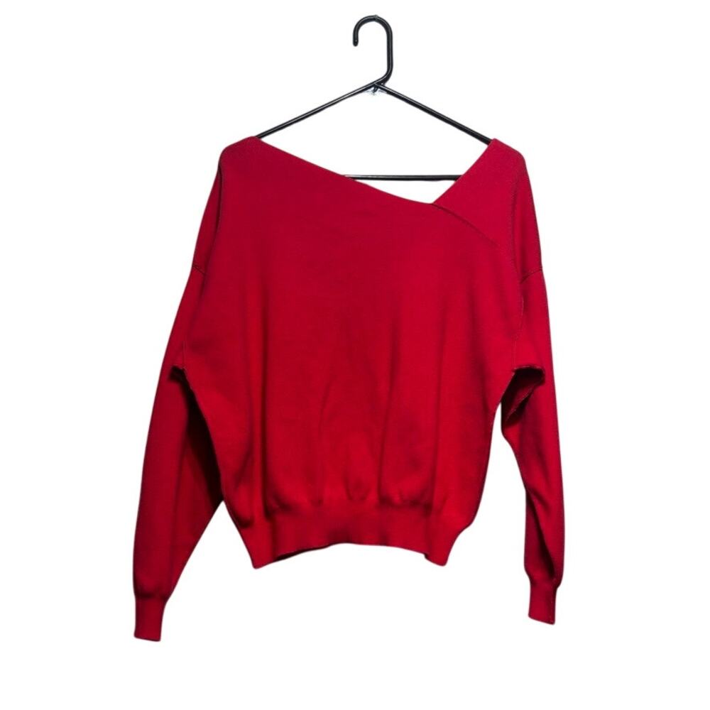 Line & Dot Red Asymmetric V-Neck Cropped Knit Sweater Size Large Dolman Batwing